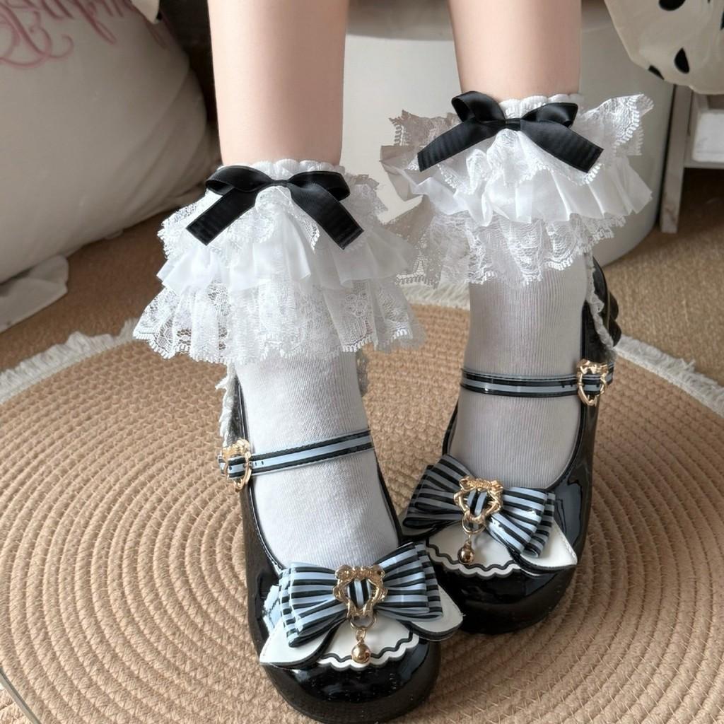 Cute Lolita Short Cotton Socks With Bow Embellishments For Teens