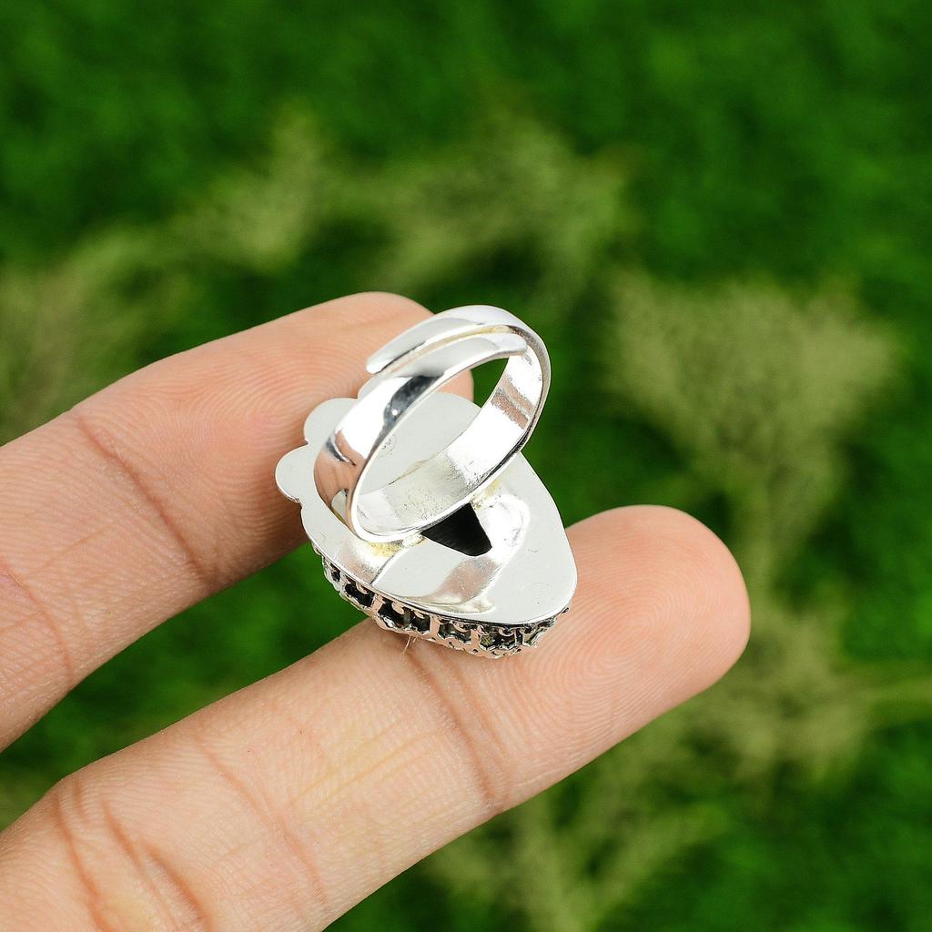 Natural Silver Leaf Jasper 925 Silver Multi Stone Adjustable Ring For Women