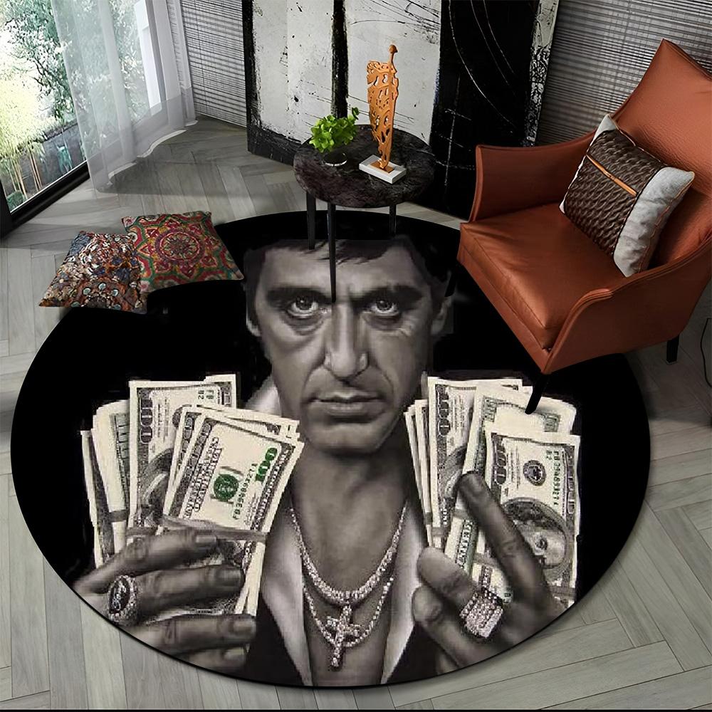 3D Tištěný Film Scarface Tony HD Kulatý Koberec pro Obývací Pokoj Ložnici Dětský Herní Koutek Dekorace, Koberec do Zvířecí Zóny Protiskluzová Podložka