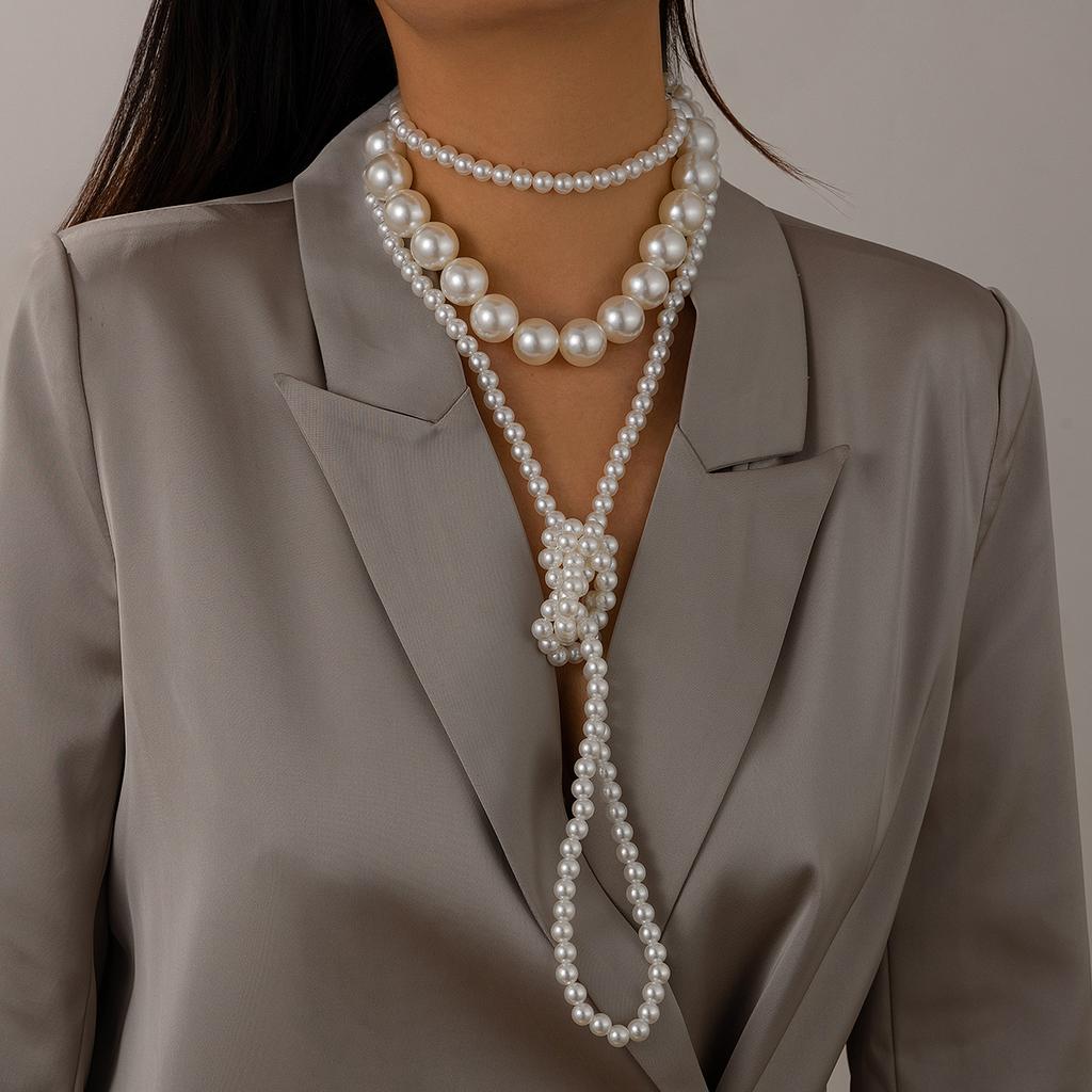 Ingemark 2Pcs/Set Multilayer Imitation Pearl Chain Necklace for Women Wed Bridal Vintage Adjustable Long Link Party Jewelry Gift