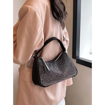 High-end Textured Rhinestone Crossbody Bag Women Black Fashion Nylon Commuter Handbags  Lady Shoulder Bags