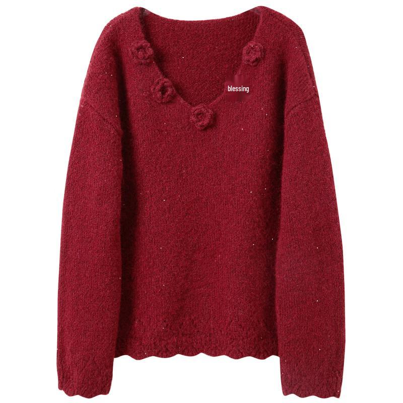 Sancai Women's V-Neck Floral Knit Sweater