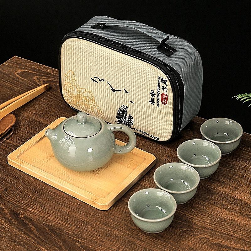 Travel Tea Set Retro Outdoor Portable Kung Fu Ceramics One Pot Four Cups with Tea Tray Company Gifts Cheap