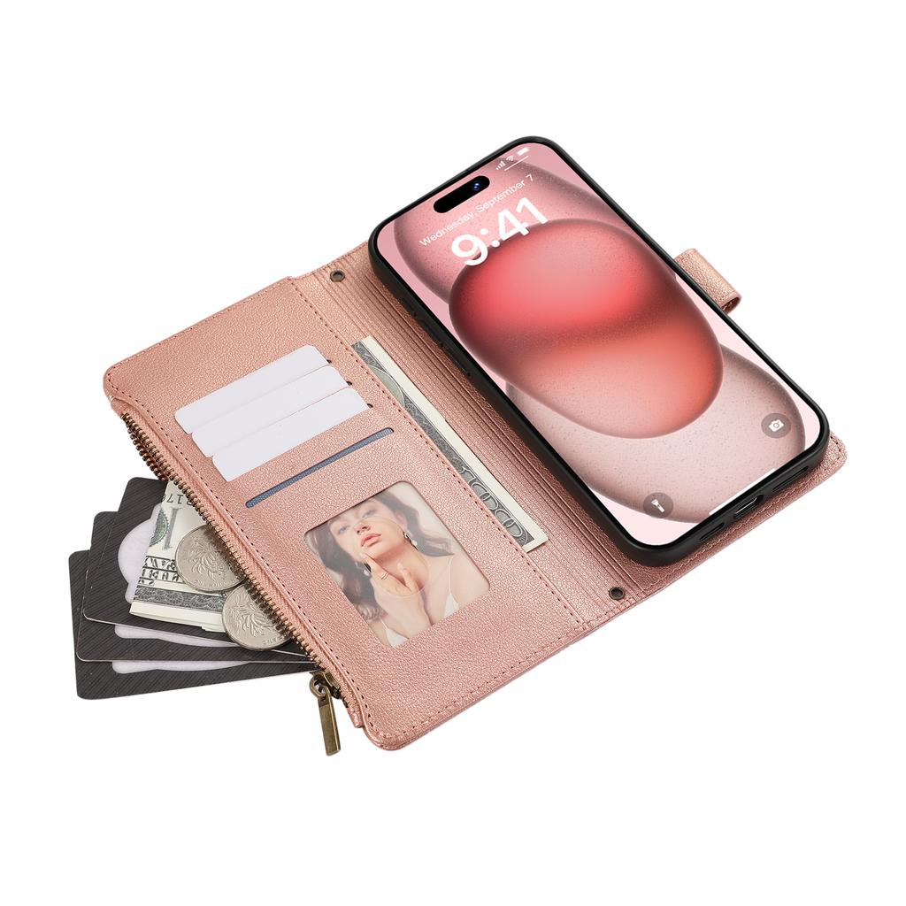 Für iPhone 15 Pro Max Hülle Mehrere Kartenfächer Reißverschluss Leder Handyhülle mit Handschlaufe