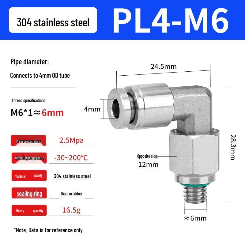 304 Stainless Steel Pneumatic Quick Push-in Connector, PC16-06/PC8-02 Swivel Elbow, PL6-M5/04