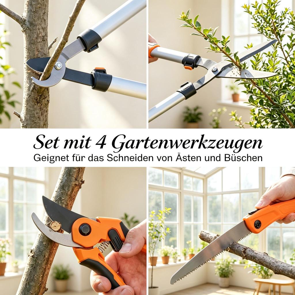 4-Piece Garden Shears Set with Branch Cutter, Bypass Pruner, Cutting Shears and Folding Saw, Aluminum Handles