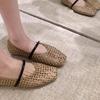 Women's Single Shoes Summer Hollow Breathable Woven Casual Shoes Fashionable Square Toe Soft Surface Shallow Mouth Flat Shoes