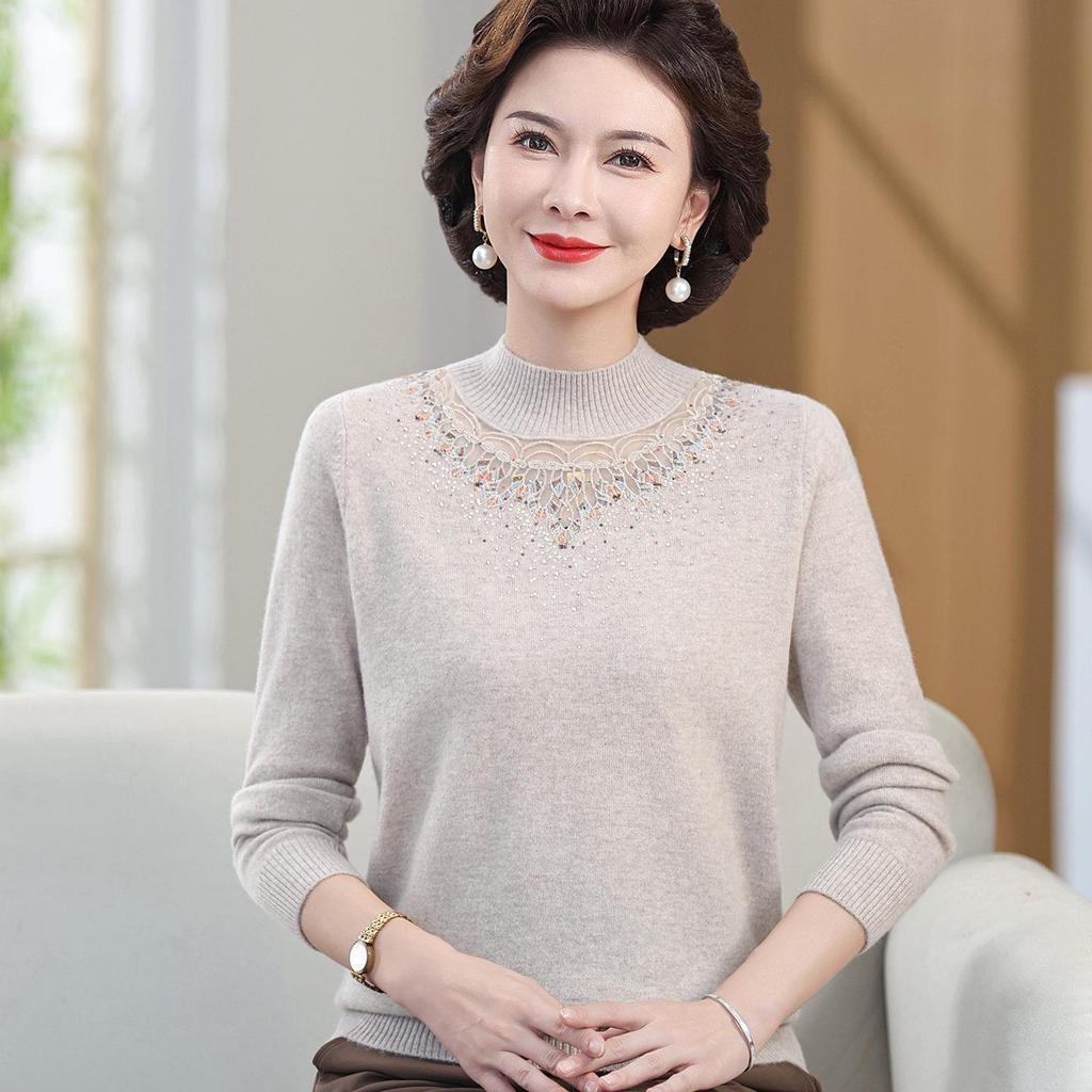 2025 New Style Mid-Neck Pure Wool Sweater with Embroidery for Middle-Aged & Elderly Women – Perfect for Autumn & Winter