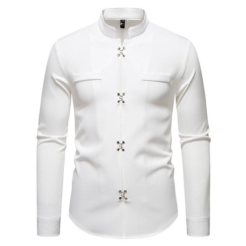 Men's Casual Solid-color Long-sleeved Shirt, Men's Slanted Front Button-down Stand-up Collar Shirt