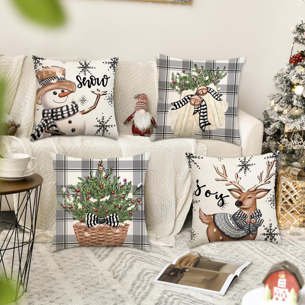 1 \ 4pcs gray Christmas snowman, Christmas reindeer print pillow cover, home sofa decoration cushion cover (without pillow core)