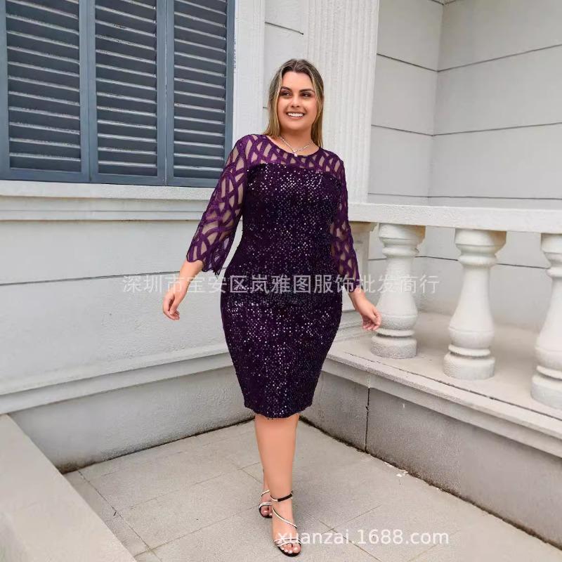 Damen Übergröße Pailletten Einfarbig Rundhals Dreiviertelarm Bleistift Midi Kleid