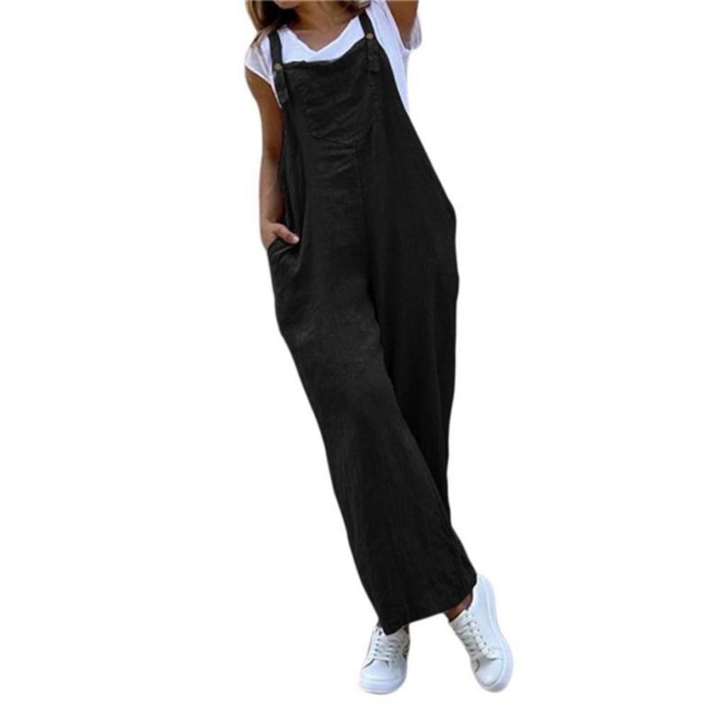 Sommer-Overall für Damen, einfarbig, lässig, lange Hose, Taschen, Knopfleiste, breiter Beingurt, Overall, lockerer Strampler