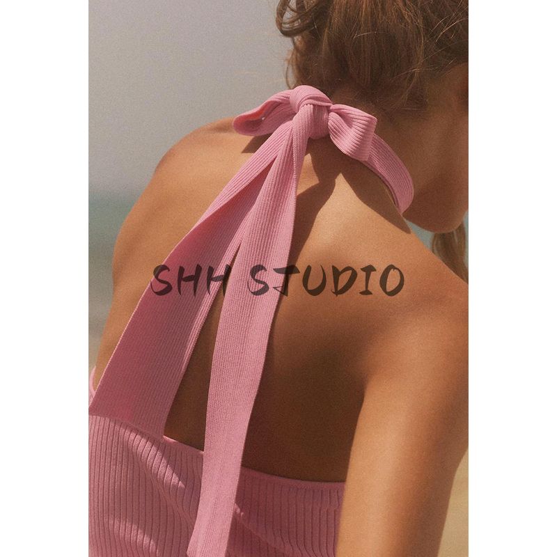 Summer Women's Clothing French Open Back Design Bowknot Decoration Knitting Hanging Collar Sleeveless Tops 3471034