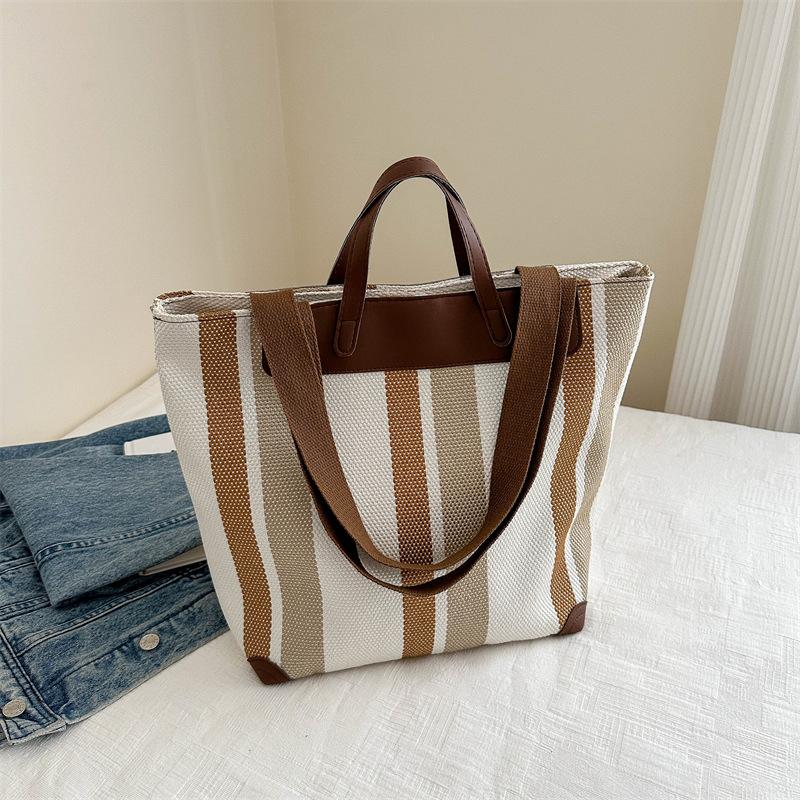 Contrasting Color Striped Tote Bag Women's Winter New Commute Large Capacity Casual Versatile Personalized Shoulder Bag