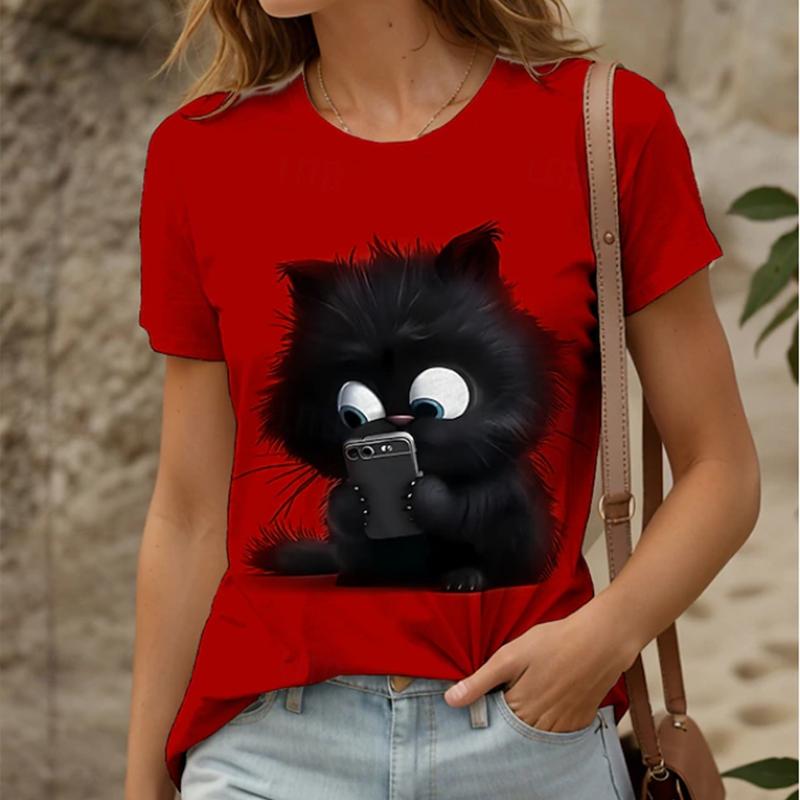 

Жіноча літня футболка Ретро мода Футболки з коротким рукавом Повсякденні Топи з принтом кошеняти 8XL червоний