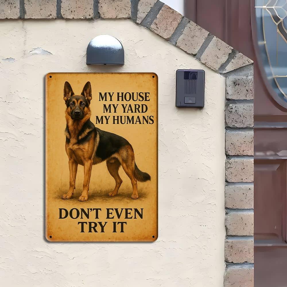 Metalowy znak ostrzegawczy Pies Owczarek Niemiecki, 8x12 cali.