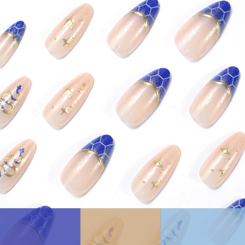 Long almond-shaped hot-selling 24-piece manicure 3D three-dimensional Spice Girl snake pattern blue scales wearing armor