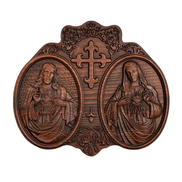 Sacred Heart of Jesus and Heart of Mary Jesus Christ Wall Decor Religious Saint Statue Wood Carve Crafts Catholic Christmas Gift