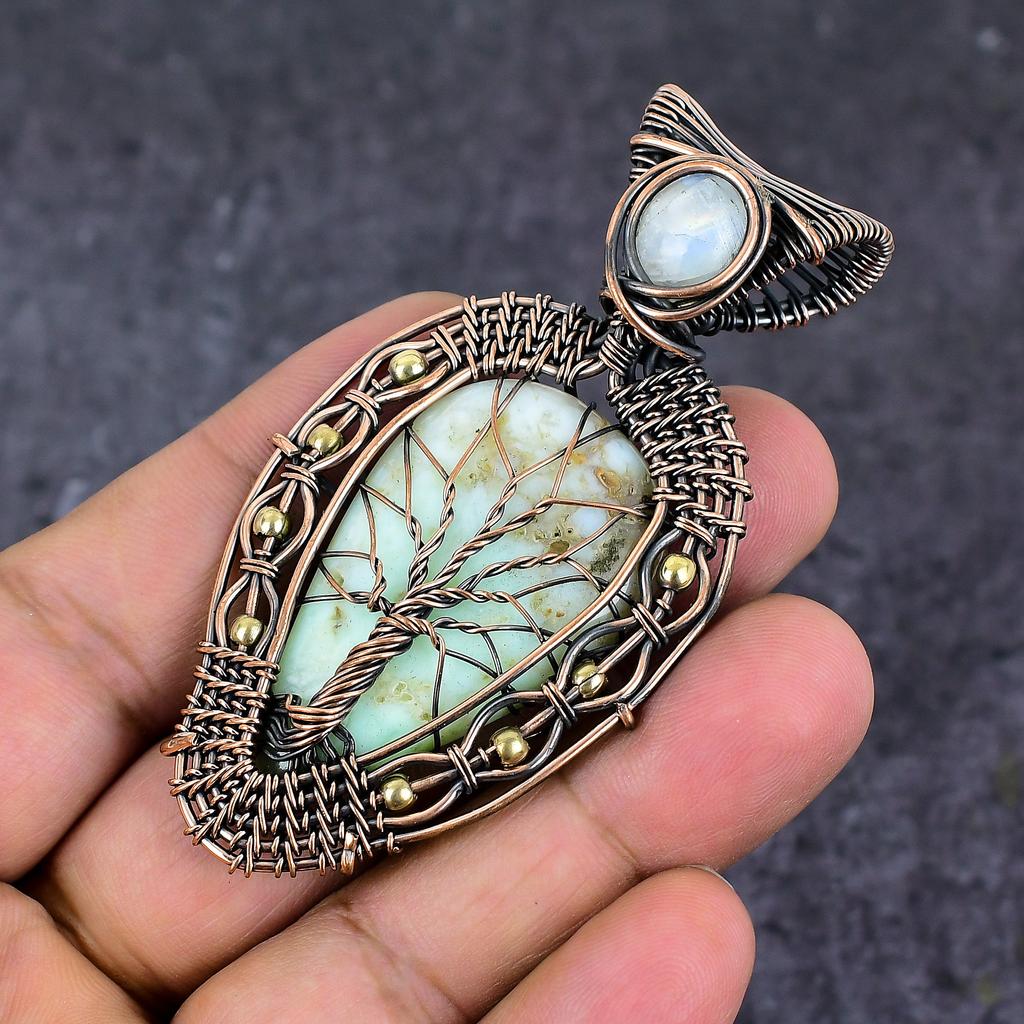 Natural Chrysoprase Gemstone Copper Wire Wrap Jewelry Pendant 2.96" ET-4644