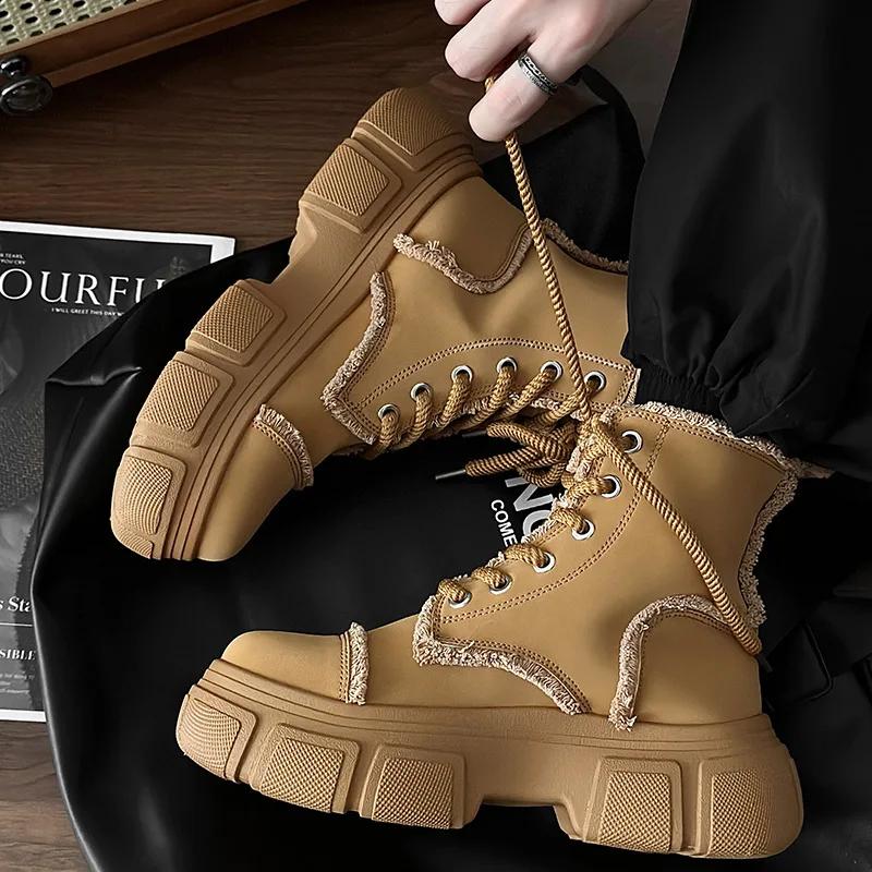 Fashion Men Boot Motorcycle Boots High Top Leather Botas Khaki Lace-Up Casual Height Increase Work Board Shoes Platform Non-slip Sneaker
