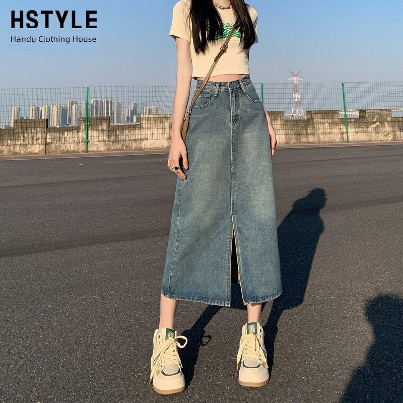 

Handu Clothing House Retro Split Design Denim Skirt Women Summer 2025 New High Waist All-Match A Word Skirt Retro Blue XS