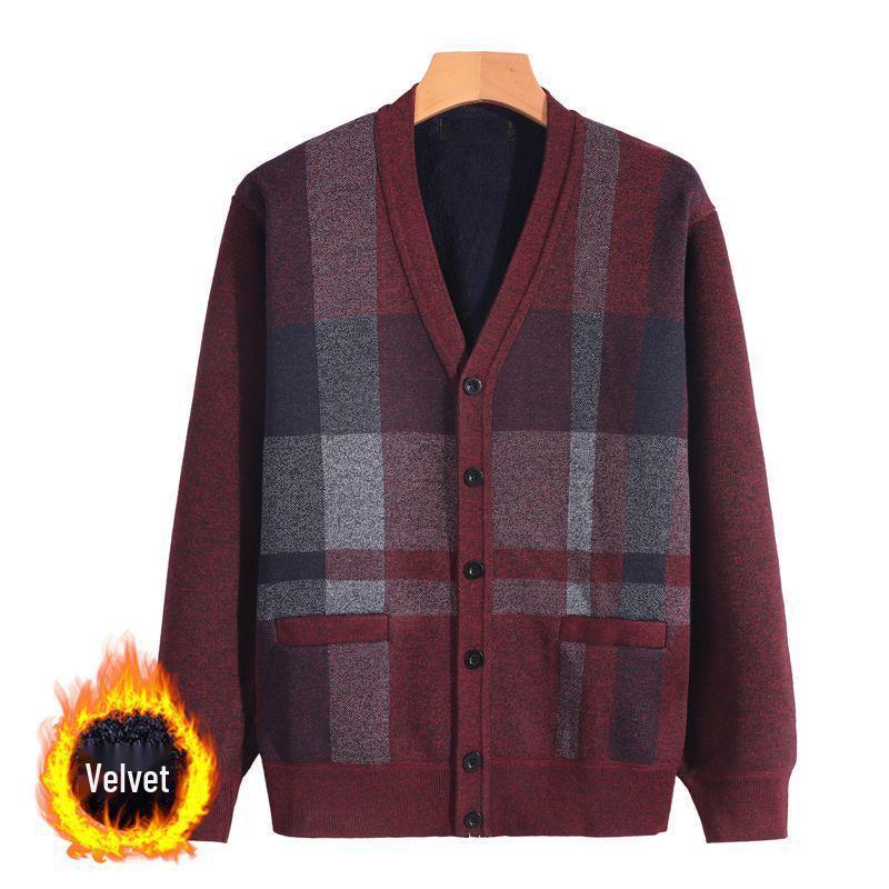 Men's V-Neck Thick Fleece Cardigan: Warm Knitwear for Dad and Grandpa