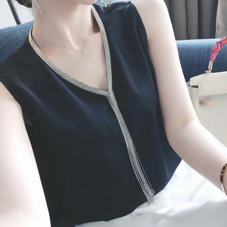 WTEMPO Elegant Tassel Chain Sexy Solid Color Shirts Spring Summer Loose Camisole Vests Sleeveless Casual Chiffon Tank Tops