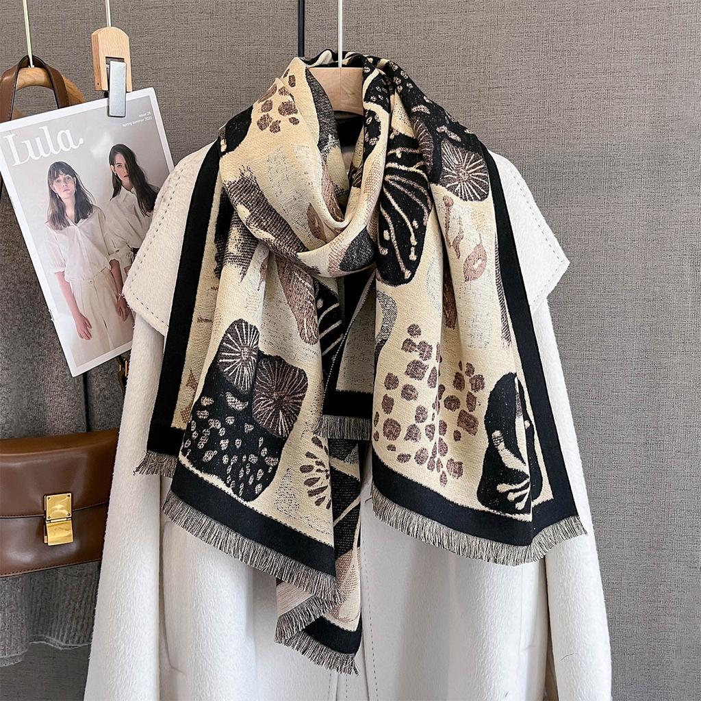 Autumn and Winter Imitation Cashmere Warm Jacquard Short Beard Fringed Scarf Feminine Geometric Plant Plaid Printing Scarf Shawl Batch