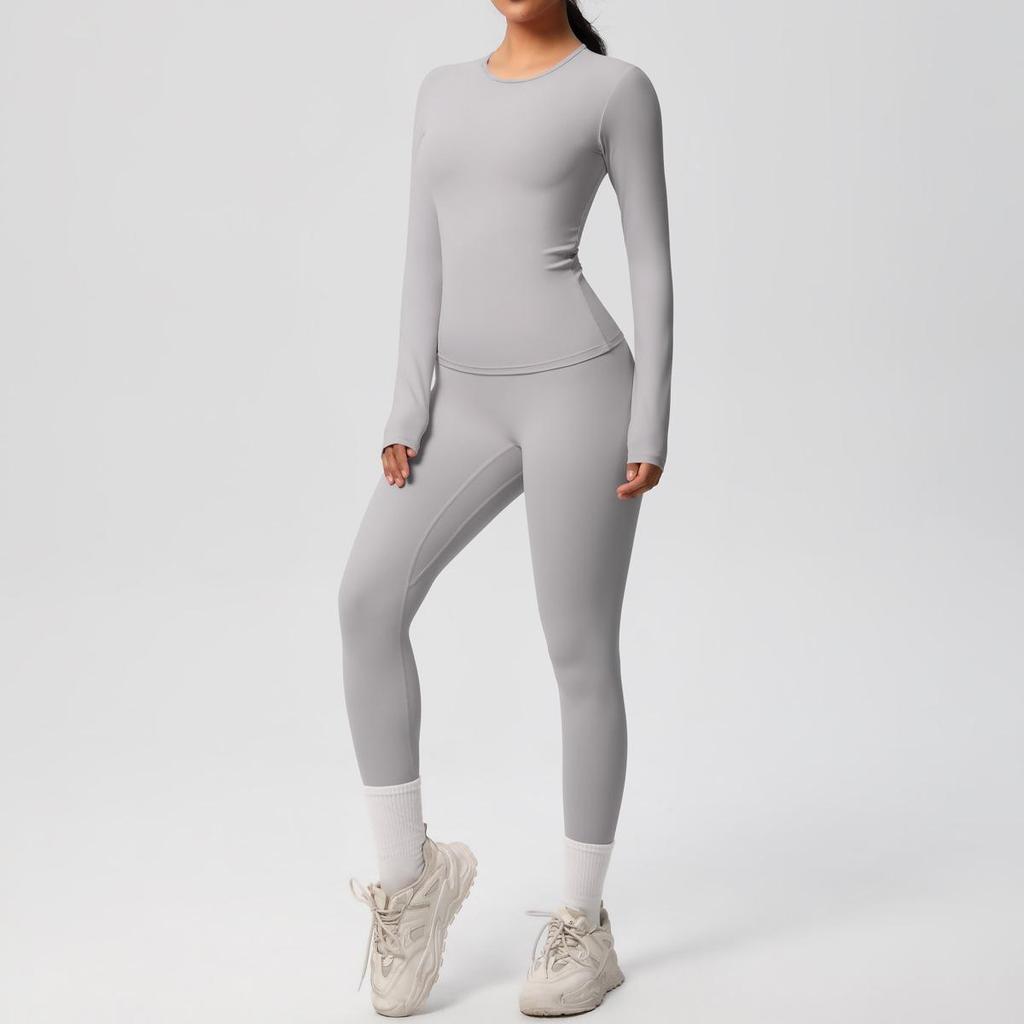 Dual-Sided Solid Color Long-Sleeve Yoga and Running Set - Two-Piece Fitness Outfit