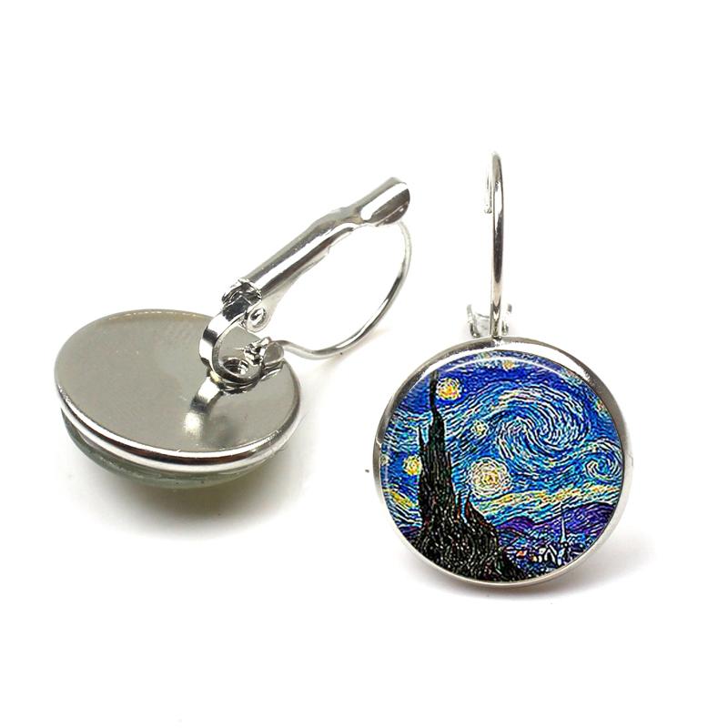 Fashion Silver Color Simple Style Earings Van Gogh Famous Artist Starry Night Dangle Earrings Glass Cabochon Jewelry Women Gifts