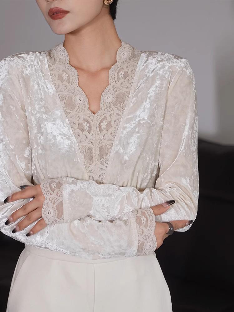 Women's V-Neck Lace Trim Layered Top - Autumn, Spring, Winter - Faux Fur & Velvet, Elegant & Unique.