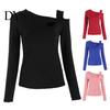 Women Top Sexy Tops Skew Collar Slanted Shoulder Bottoming Body Curves Enhancing Hollow Design Slim Fit Solid Color Long-Sleeved T-Shirt Long-sleeved