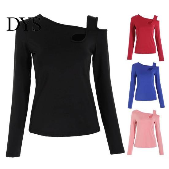Women Top Sexy Tops Skew Collar Slanted Shoulder Bottoming Body Curves Enhancing Hollow Design Slim Fit Solid Color Long-Sleeved T-Shirt Long-sleeved