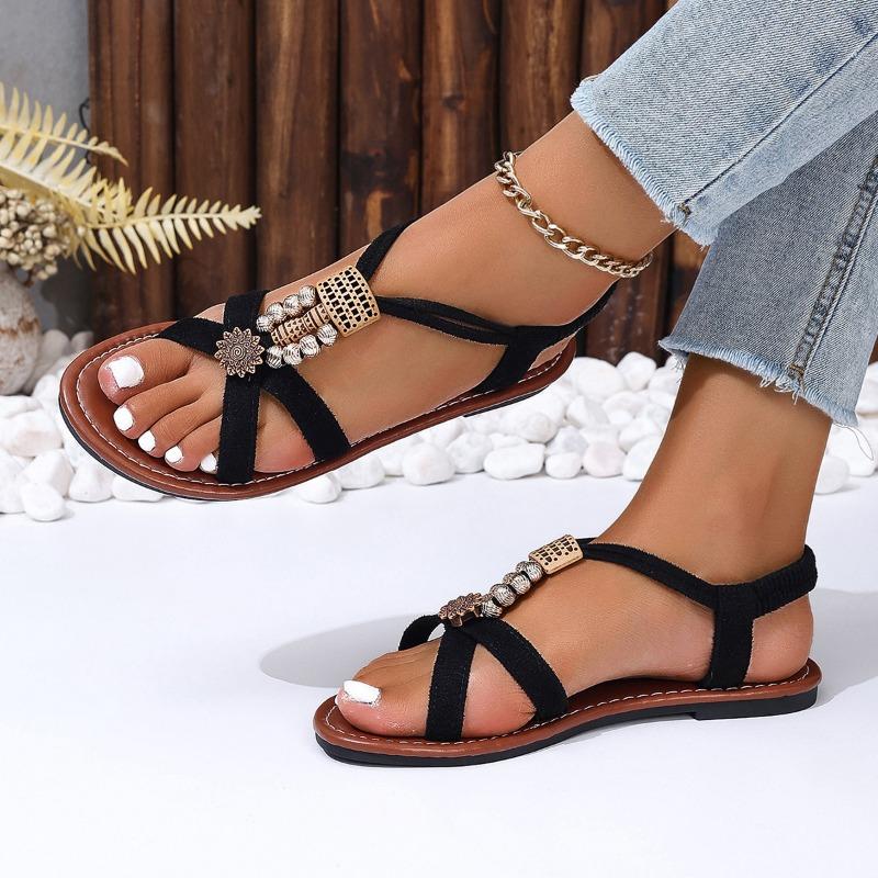 

Elastic large size flat-bottomed beaded sandals women s summer new soft-soled beach sandals 36