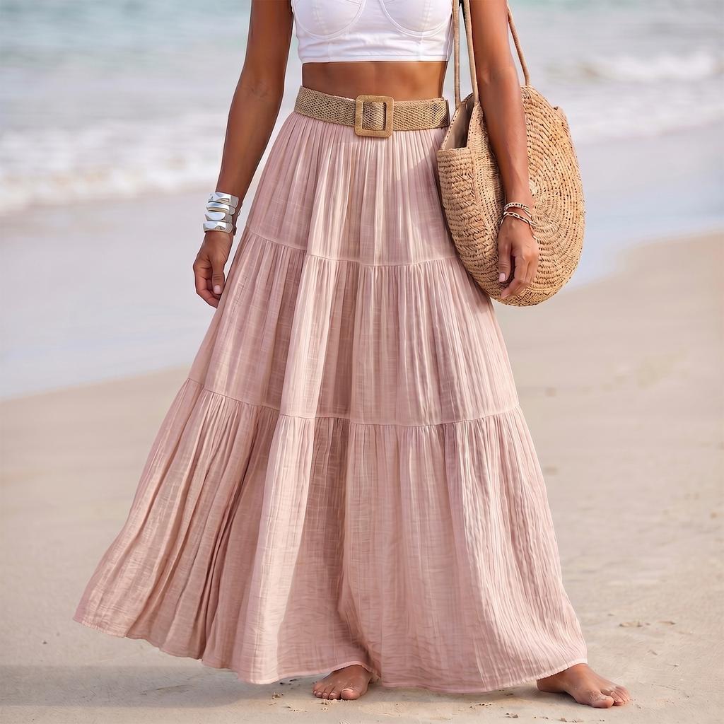 Women Fashion Solid Elastic Waist Patchwork Tiered Maxi Skirt Holiday Beach Linen Blend Casual Long Skirt with Belt