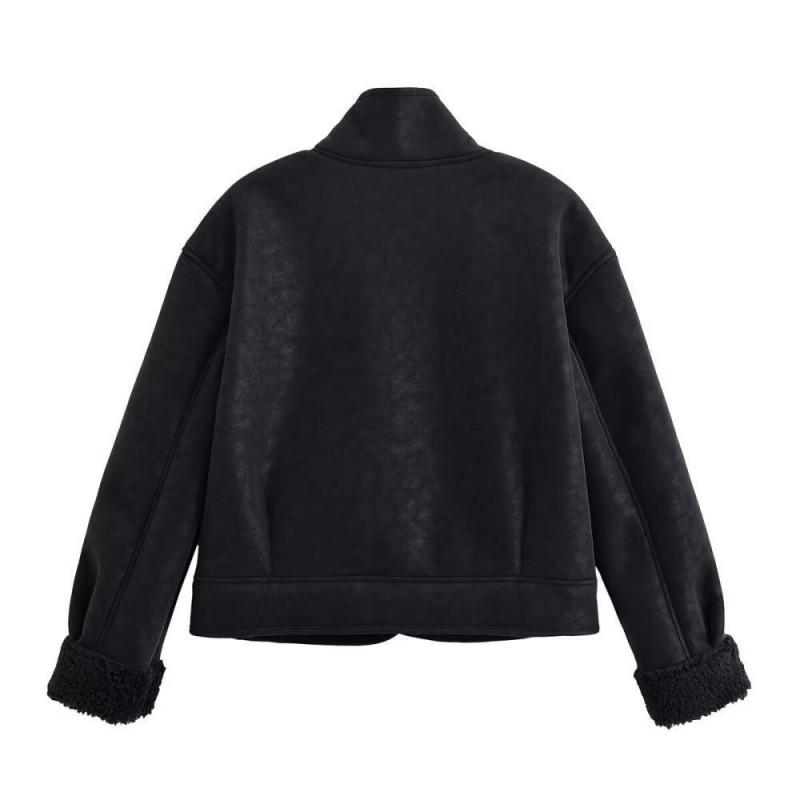 Womens Fleece-Lined Suede Jacket Short Warm Hoodless Coat Casual Korean Style Fall Winter