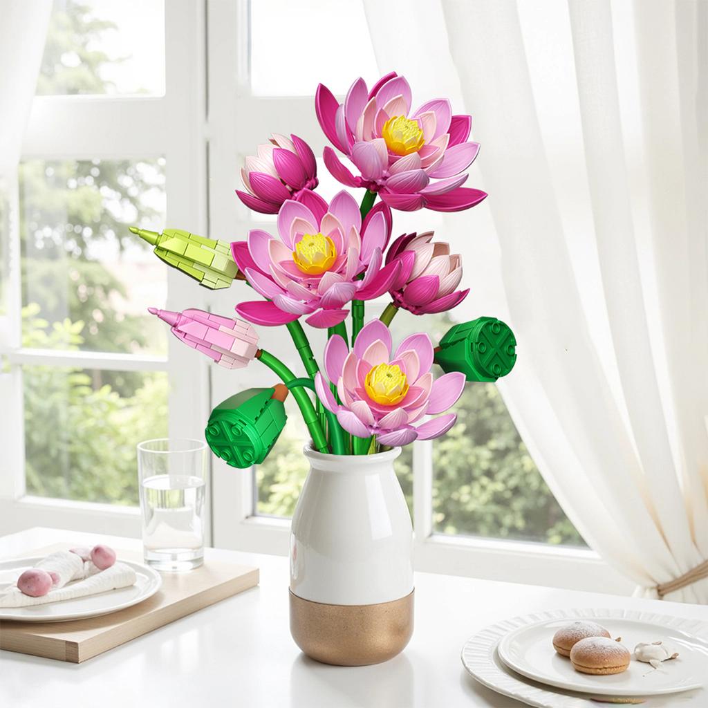 710PCS Lotus Flower with Vase Building Blocks Creative Bouquet Model Bricks Desktop Decoration Diy Toys For Kids Holiday Gifts