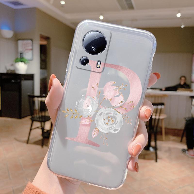 Pink Flowers Initial Cover For Xiaomi 13 Lite Case Letter A To Z Transparent Soft TPU Protective Funda For Xiaomi 13 Lite Coque