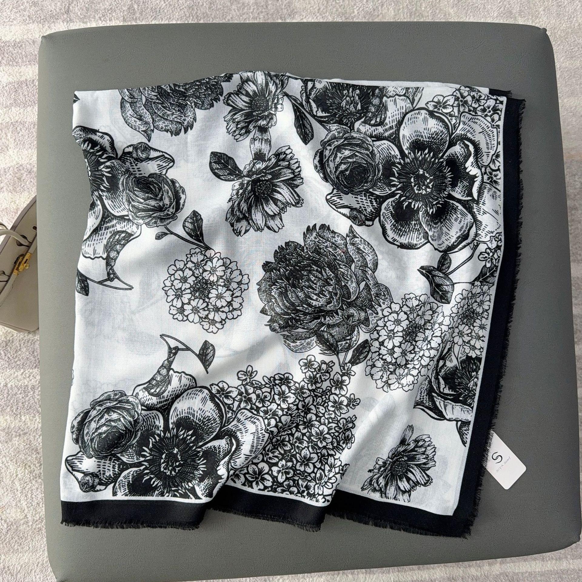 

New four-sided loose beard large square scarf black and white camellia warm shawl with printed silk scarf women