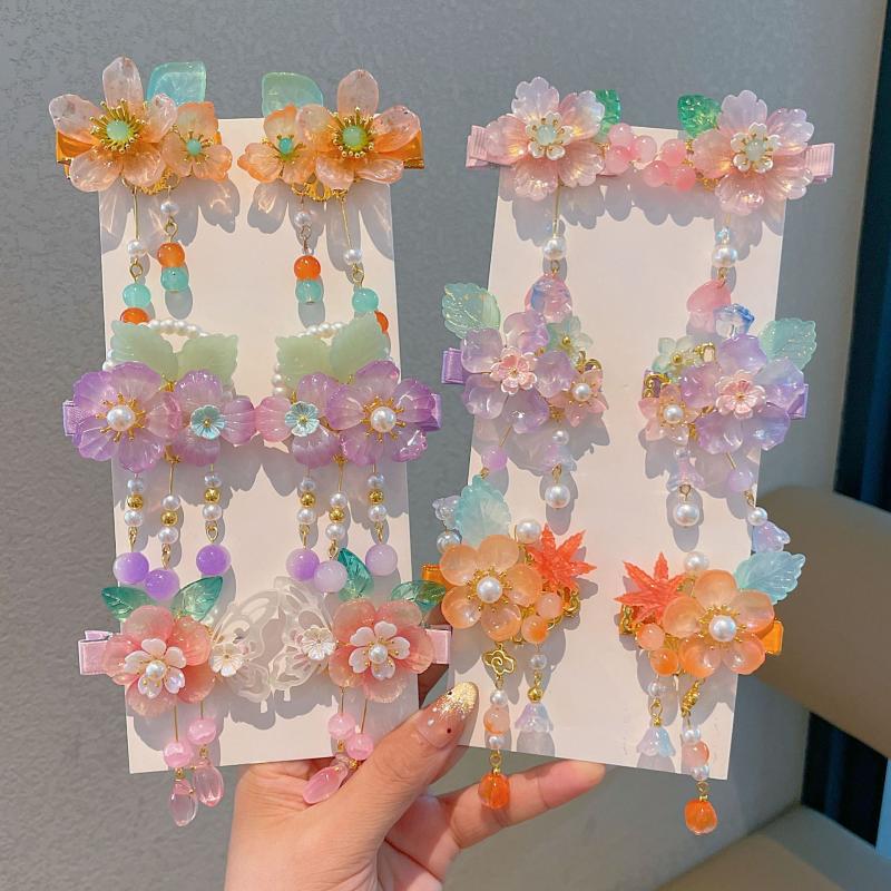 1 Pair Hanfu Flower Hair Clip Children'S Antique Style Tassel Hair Clip Headwear For Girls Bangs Hair Accessories