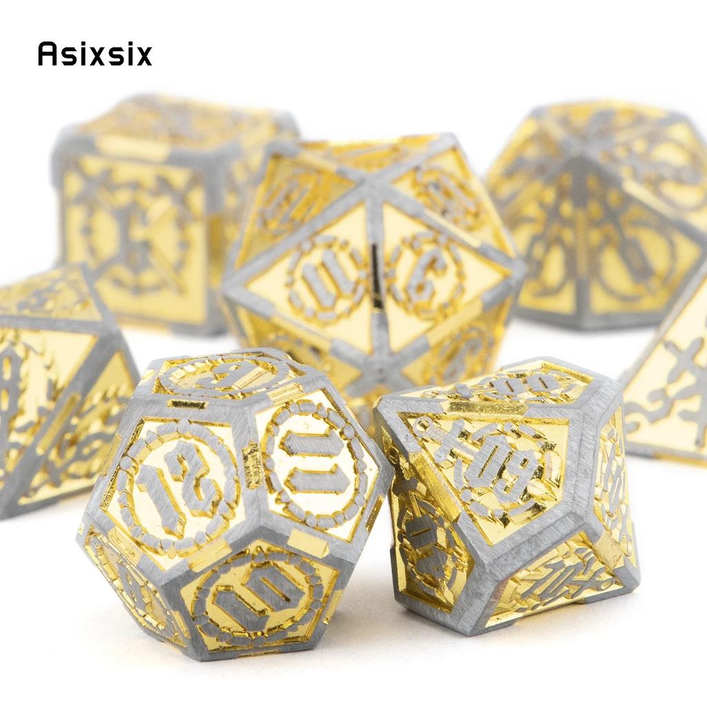 7 Pcs Yellow Silver Double Swords Metal Dice Solid Polyhedral Dice Set Suitable For Role-Playing Dice PropBoard Game