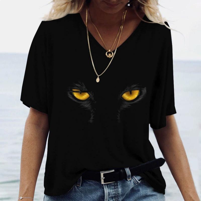 Sommer V-Ausschnitt 3D Katze Gedrucktes Oberteil Modische Lässige Kurzarm Damen T-Shirts
