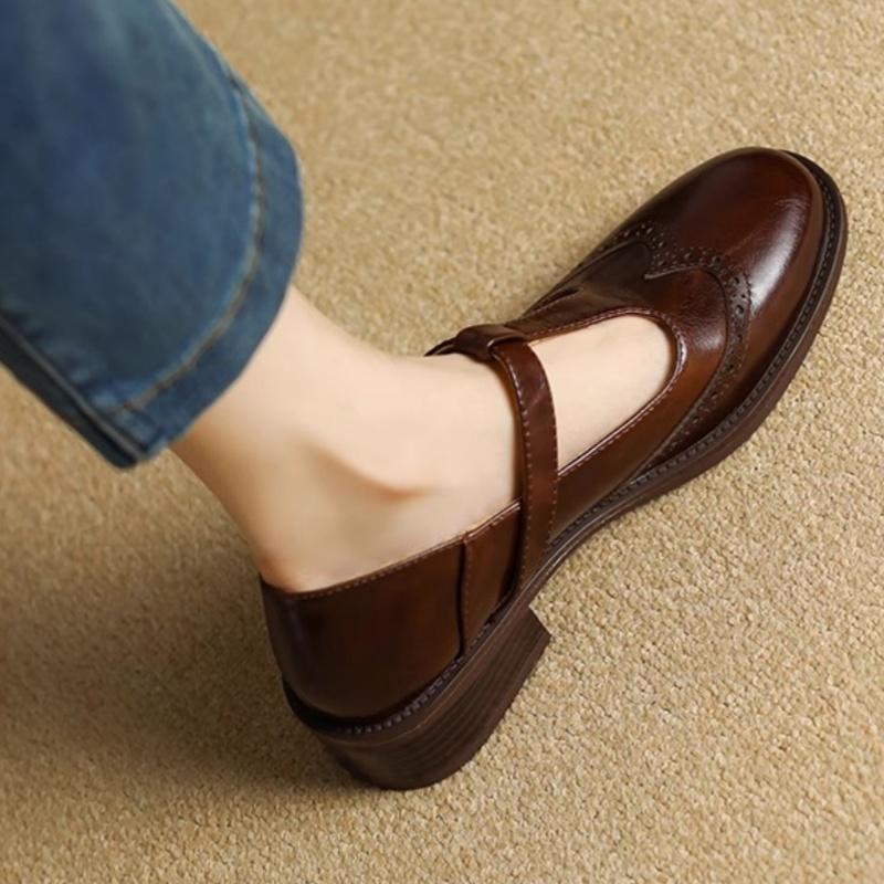 Fashion British Style T-strap Mid Heels Loafers Carving Leather Women's Shoes 2025 High Quality Round Toe Comfortable Soft Ladies Shoes