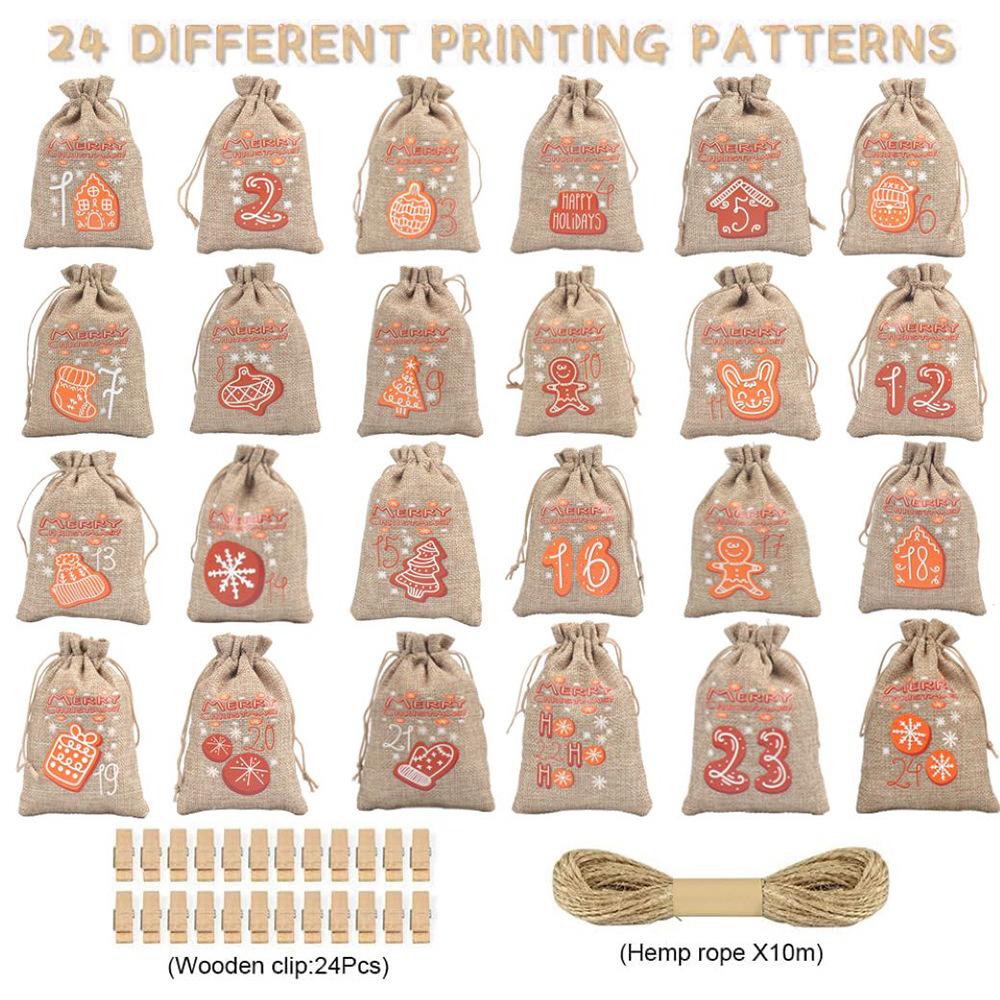 24pcs Countdown Drawstring Bag Linen Drawstring Bag Christmas Arrival Calendar Christmas Gift Bag 24-digit Cloth Bag