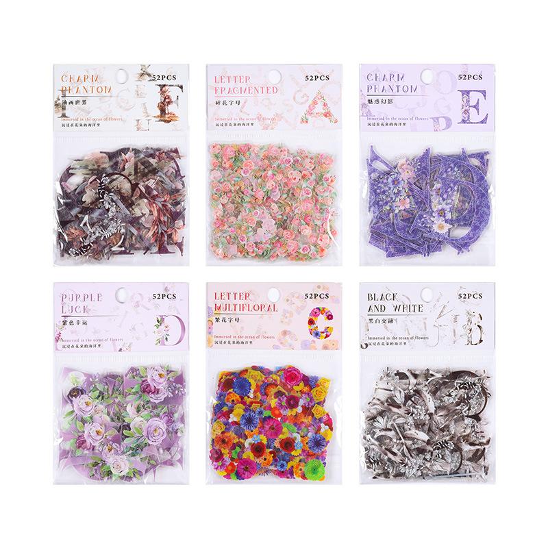 52 Pcs/pck A-Z Letter Floral Sticker Pack PET Decorative DIY Label Sticker Creativity Collage Scrapbooking Material