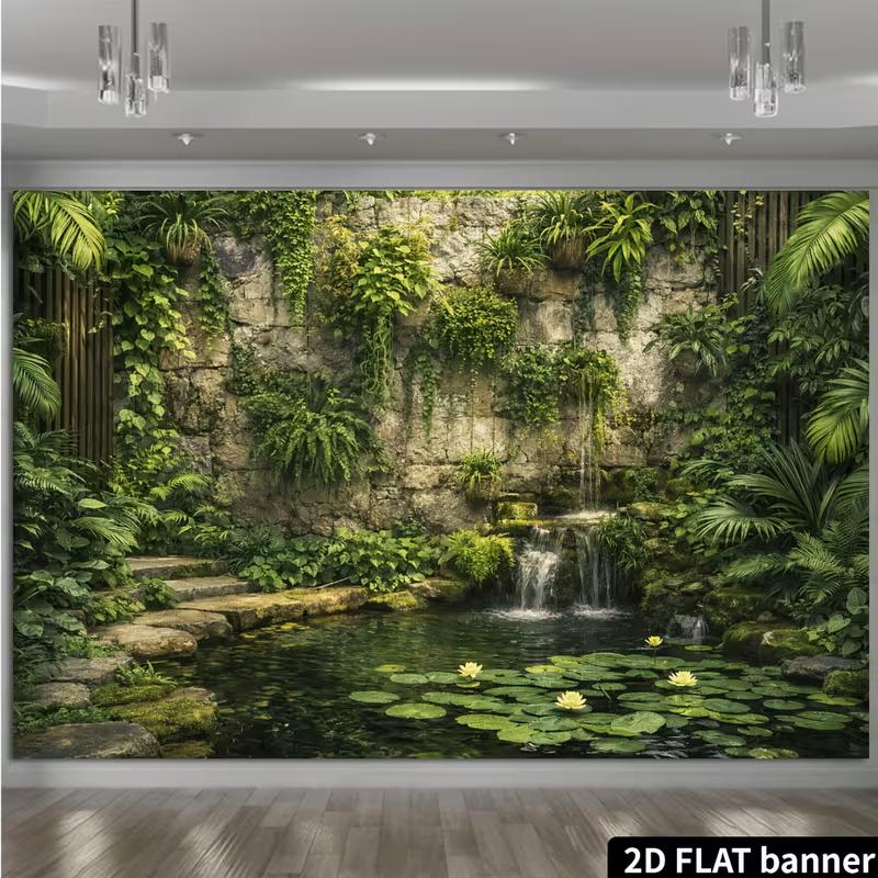 2D Lush Greenery Wall Mural with Waterfall and Lily Pads Photo Background