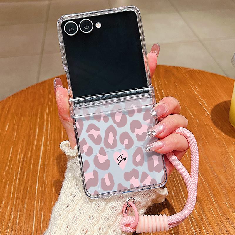 Leopard Print Lanyard Phone Case For Samsung Galaxy Z Flip 7 FE 6 5 4 3 5G Folding Hard PC Clear Cover For Samsung Z Flip7 Flip6