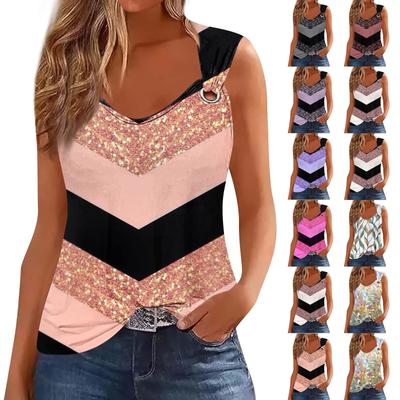 Bayan Tank Top V Yaka Temel Baskılı Casual Dökümlü Yaz Kolsuz Derin Yan Kesim Kadınlar için Tops
