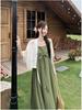 Plus Size Women's Chinese Style Waist-Cinching Camisole Dress & Fairy Cardigan Set