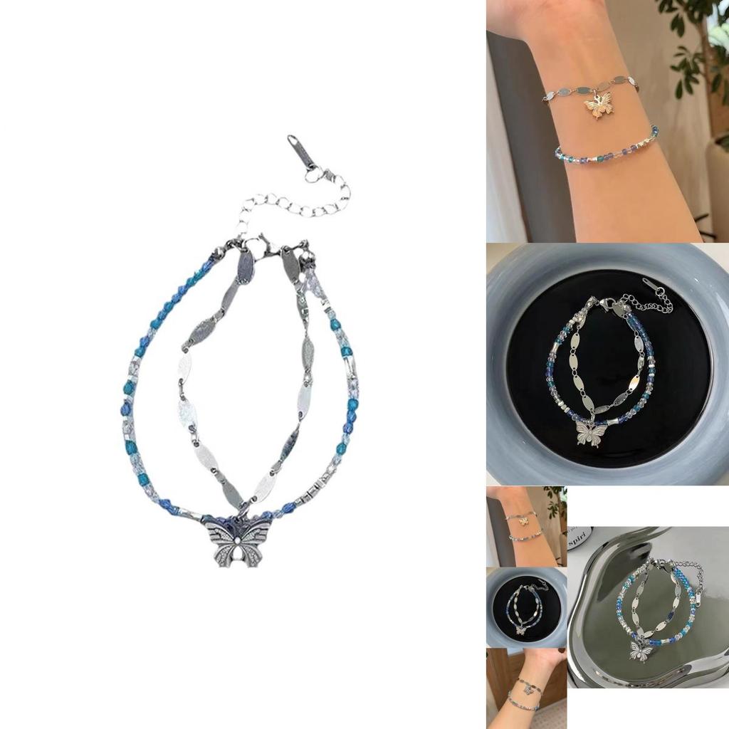 Stylish Double Layer Butterfly Bracelet For Women With Blue Crystal Beads